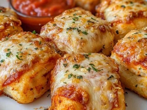 Golden air fryer pizza rolls arranged in an air fryer basket with a small bowl of marinara dipping sauce on the side