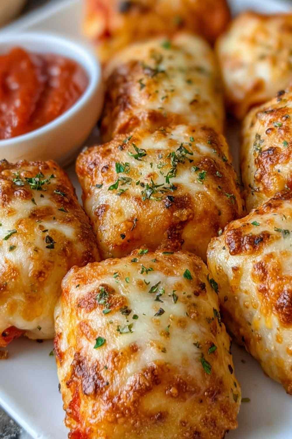Golden air fryer pizza rolls arranged in an air fryer basket with a small bowl of marinara dipping sauce on the side