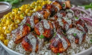Close-up of a BBQ Ranch Chicken Bowl with seasoned chicken breast, brown rice, black beans, shredded cheddar, and ranch dressing drizzle