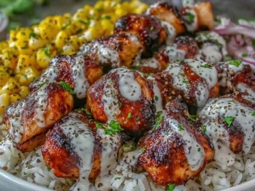 Close-up of a BBQ Ranch Chicken Bowl with seasoned chicken breast, brown rice, black beans, shredded cheddar, and ranch dressing drizzle