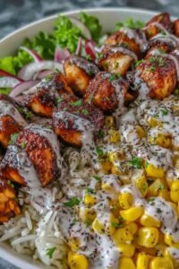 Close-up of a BBQ Ranch Chicken Bowl with seasoned chicken breast, brown rice, black beans, shredded cheddar, and ranch dressing drizzle
