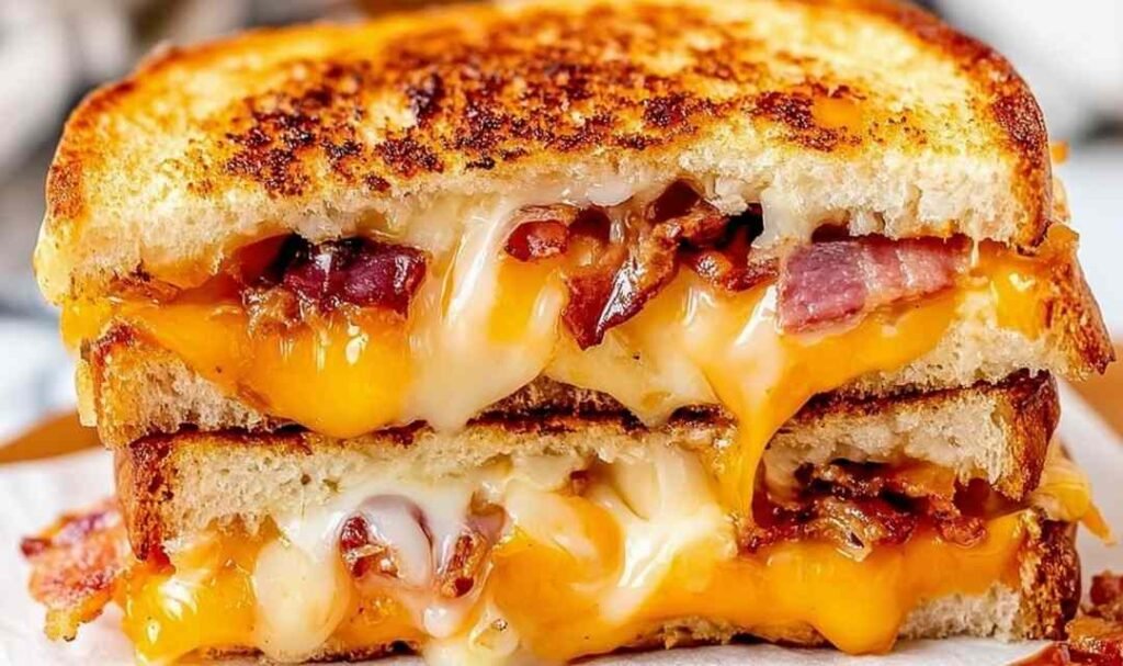 Bacon grilled cheese sandwich cut in half showing layers of melted cheddar, Monterey Jack, and crispy bacon on golden sourdough bread