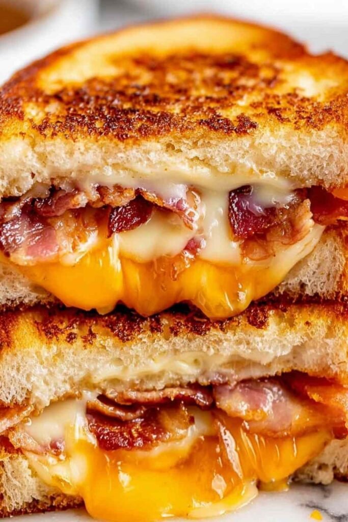 Bacon grilled cheese sandwich cut in half showing layers of melted cheddar, Monterey Jack, and crispy bacon on golden sourdough bread