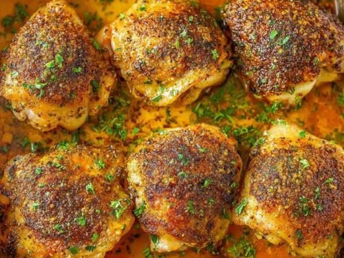 Crispy baked chicken thighs with golden skin arranged skin side up in a baking dish