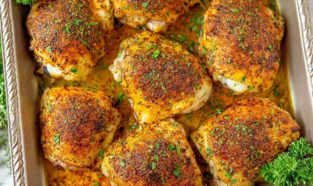 Crispy baked chicken thighs with golden skin arranged skin side up in a baking dish