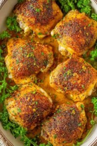 Crispy baked chicken thighs with golden skin arranged skin side up in a baking dish