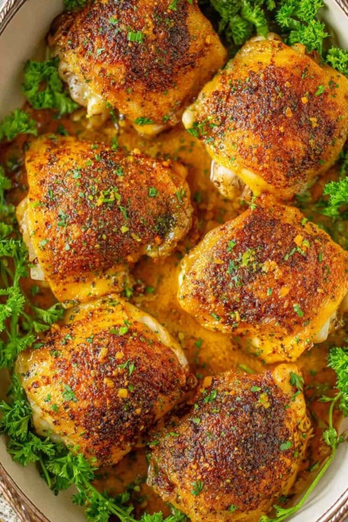 Crispy baked chicken thighs with golden skin arranged skin side up in a baking dish