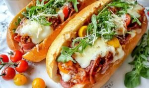 Baked Italian Grinder Sandwiches with melted provolone and fresh basil on a baking sheet