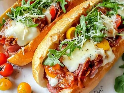 Baked Italian Grinder Sandwiches with melted provolone and fresh basil on a baking sheet