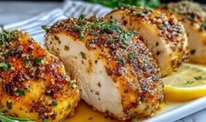 Golden crispy baked split chicken breast on a foil-lined baking sheet with lemon slices and fresh rosemary