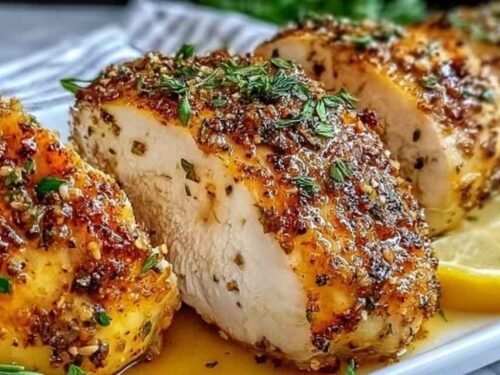 Golden crispy baked split chicken breast on a foil-lined baking sheet with lemon slices and fresh rosemary