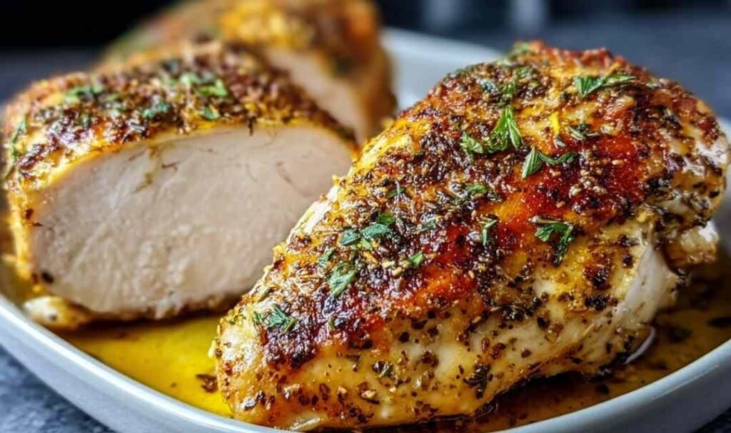 Golden crispy baked split chicken breast on a foil-lined baking sheet with lemon slices and fresh rosemary