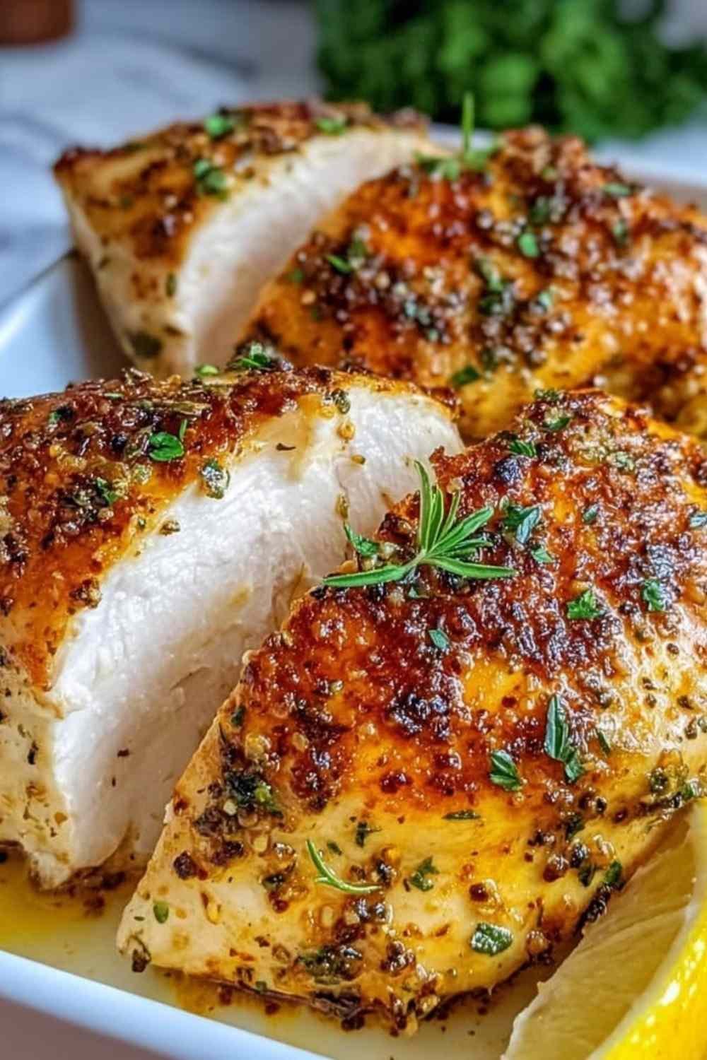 Golden crispy baked split chicken breast on a foil-lined baking sheet with lemon slices and fresh rosemary