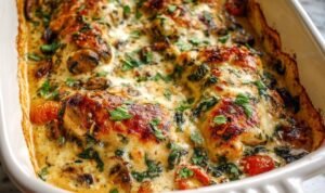 Baked Tuscan chicken casserole in a baking dish with golden melted mozzarella, sun-dried tomatoes, and fresh parsley