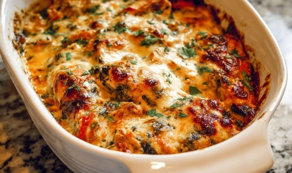Baked Tuscan chicken casserole in a baking dish with golden melted mozzarella, sun-dried tomatoes, and fresh parsley