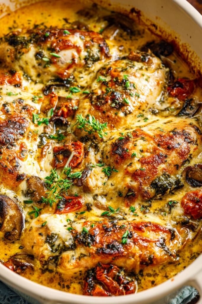 Baked Tuscan chicken casserole in a baking dish with golden melted mozzarella, sun-dried tomatoes, and fresh parsley