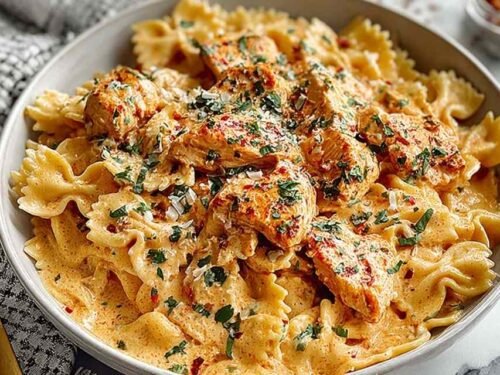 Bang Bang Chicken Pasta with crispy chicken tossed in creamy sweet and spicy bang bang sauce served in a skillet