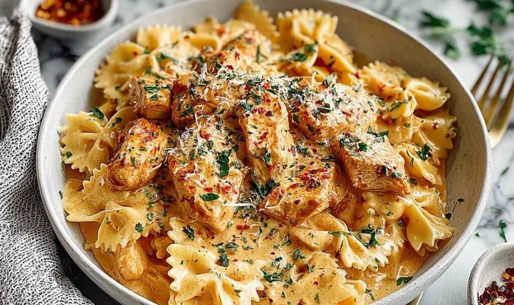 Bang Bang Chicken Pasta with crispy chicken tossed in creamy sweet and spicy bang bang sauce served in a skillet