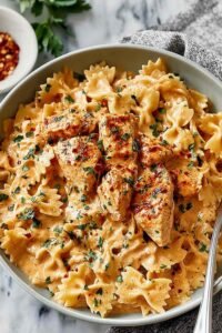 Bang Bang Chicken Pasta with crispy chicken tossed in creamy sweet and spicy bang bang sauce served in a skillet