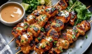 Bang Bang Chicken Skewers Bang Bang Chicken Skewers being brushed with creamy spicy bang bang sauce on a hot grill