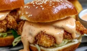 Bang Bang Chicken Sliders with creamy spicy sauce, fresh lettuce, and tomato on fluffy mini buns