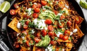 Beef skillet enchiladas in a cast iron skillet topped with melted cheese, avocado slices, and fresh cilantro