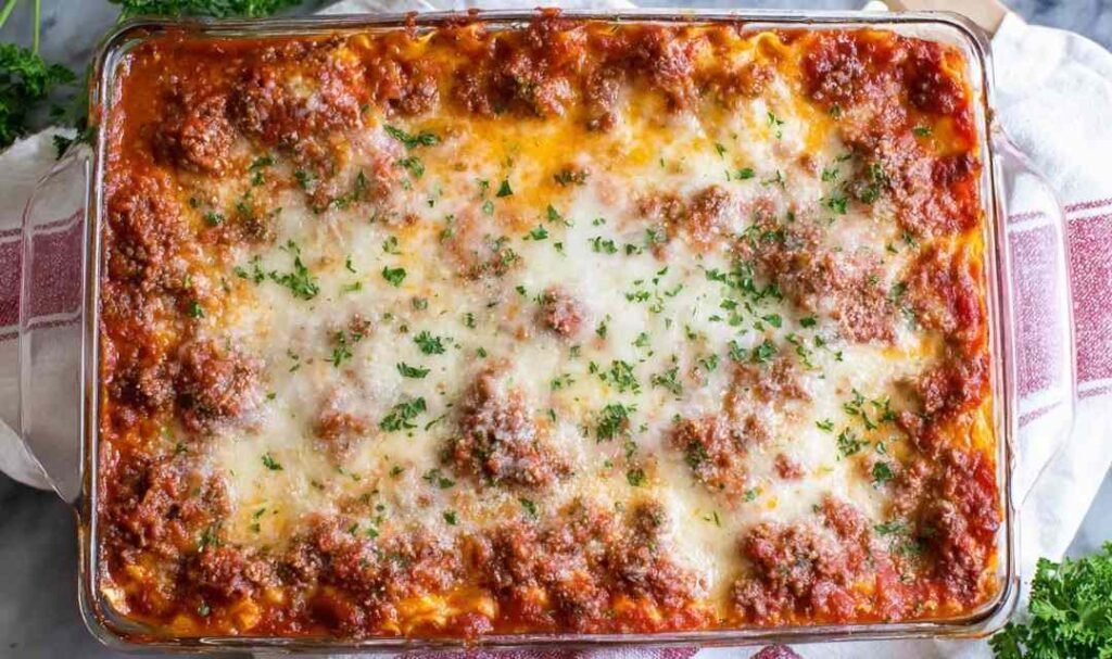 Classic lasagna recipe baked in a 9x13 dish with golden melted mozzarella and bubbling meat sauce