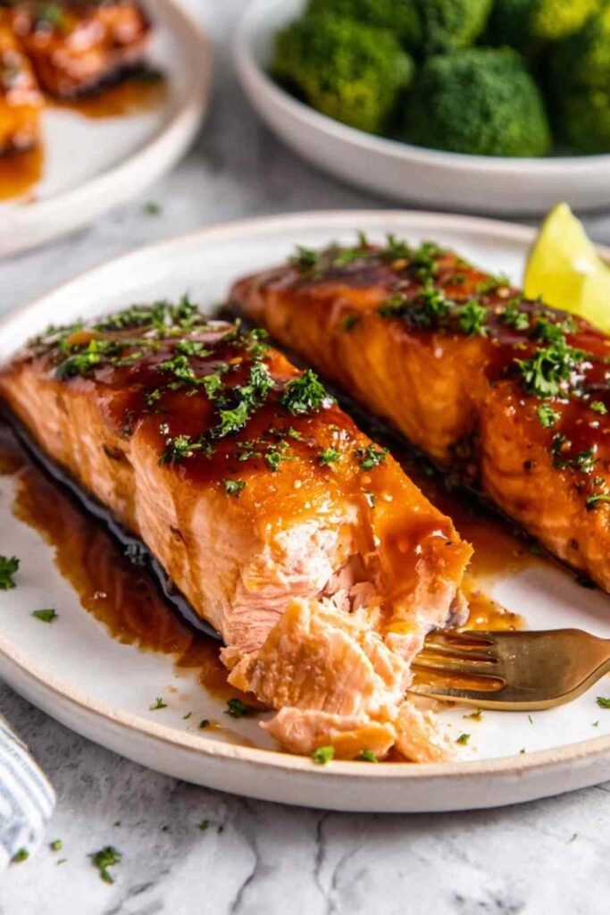 Four baked salmon fillets with honey garlic glaze arranged skin side down in a parchment-lined baking dish