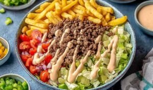 Big Mac bowls with seasoned ground beef shredded iceberg lettuce cheddar and special sauce drizzle