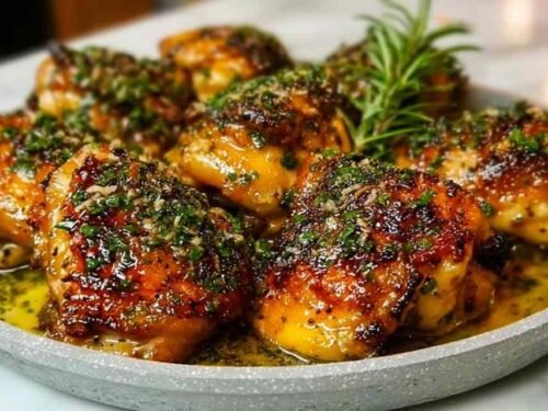 Bobby Flay chicken thighs with crispy golden skin in a cast iron skillet with creamy lemon-herb pan sauce and fresh parsley