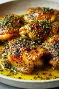 Bobby Flay chicken thighs with crispy golden skin in a cast iron skillet with creamy lemon-herb pan sauce and fresh parsley
