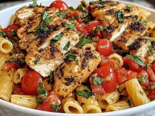 Close-up of bruschetta chicken pasta in a white bowl with cherry tomatoes, fresh basil, and Parmesan cheese