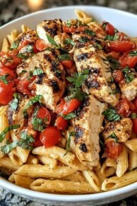 Close-up of bruschetta chicken pasta in a white bowl with cherry tomatoes, fresh basil, and Parmesan cheese