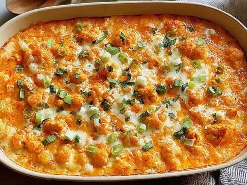 Buffalo chicken cauliflower casserole in a baking dish with melted cheddar and sliced green onions