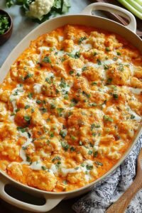 Buffalo chicken cauliflower casserole in a baking dish with melted cheddar and sliced green onions