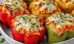 Buffalo Chicken Stuffed Peppers topped with dairy-free ranch dressing and fresh chopped green onions in a white baking dish