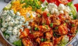 Buffalo chicken protein bowl with rice, lettuce, cherry tomatoes, cheddar, and ranch drizzle