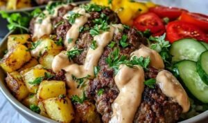 Burger Bowl with seasoned ground beef, shredded cheddar, cherry tomatoes, pickles, and lettuce over brown rice
