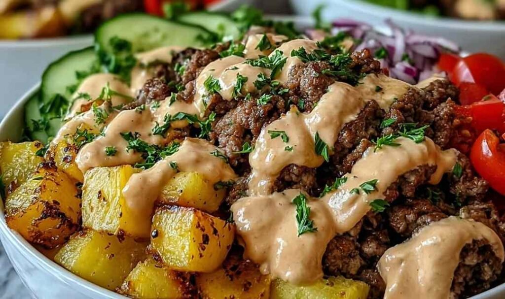 Burger Bowl with seasoned ground beef, shredded cheddar, cherry tomatoes, pickles, and lettuce over brown rice
