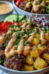 Burger Bowl with seasoned ground beef, shredded cheddar, cherry tomatoes, pickles, and lettuce over brown rice