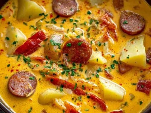 A large pot of Cajun Potato Soup with andouille sausage, potatoes, and creamy cheddar broth garnished with fresh parsley