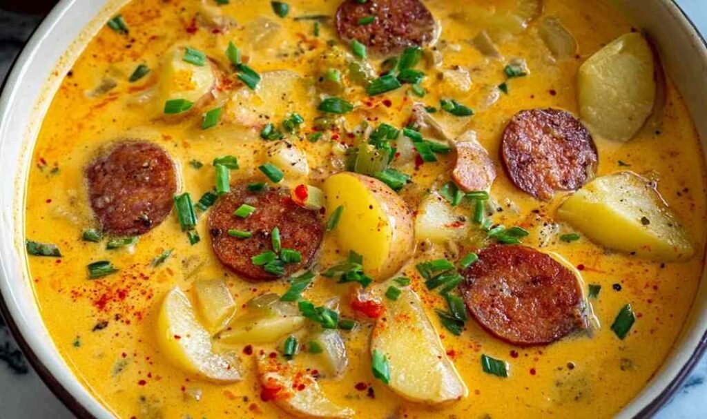 A large pot of Cajun Potato Soup with andouille sausage, potatoes, and creamy cheddar broth garnished with fresh parsley
