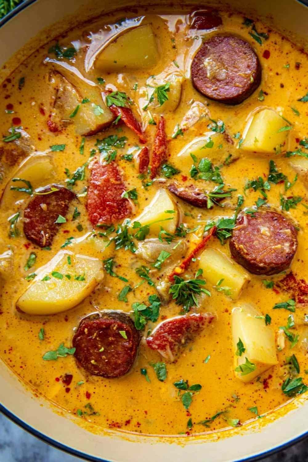 A large pot of Cajun Potato Soup with andouille sausage, potatoes, and creamy cheddar broth garnished with fresh parsley
