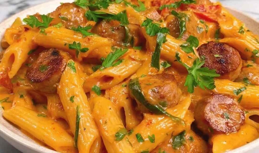 Creamy Cajun sausage pasta in a large skillet with smoky sausage rounds, colorful bell peppers, and fresh parsley garnish