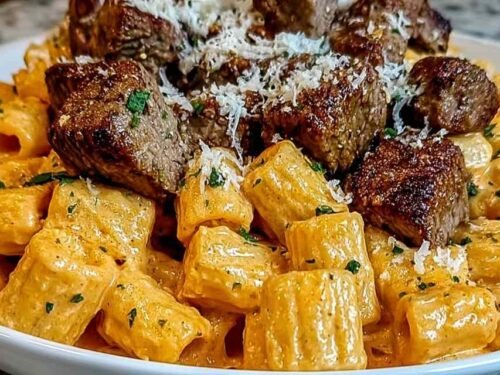Cajun steak tips in cheesy rigatoni Parmesan sauce plated in a white bowl with extra Parmesan and cracked black pepper on top