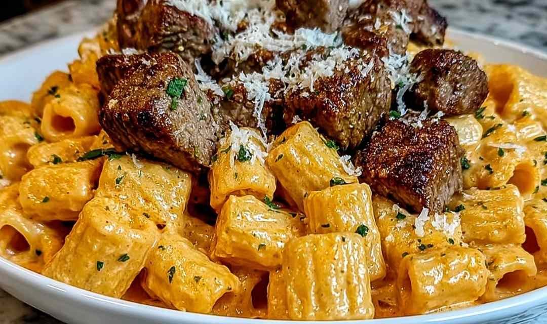 Cajun Steak Tips in Cheesy Rigatoni Parmesan Sauce