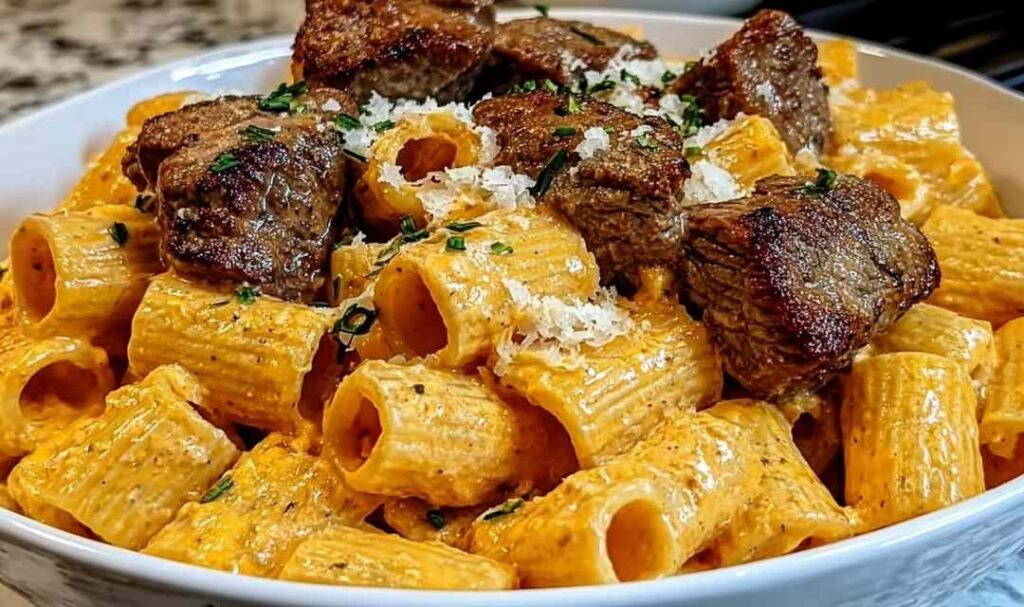 Cajun steak tips in cheesy rigatoni Parmesan sauce plated in a white bowl with extra Parmesan and cracked black pepper on top