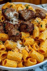 Cajun steak tips in cheesy rigatoni Parmesan sauce plated in a white bowl with extra Parmesan and cracked black pepper on top