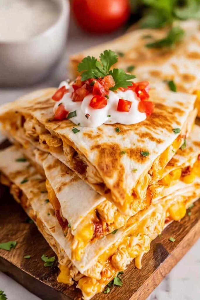Golden crispy chicken quesadilla slices served with guacamole and salsa on a white plate