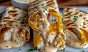 Cheesy Garlic Chicken Wraps sliced diagonally on a white plate showing melted cheese and seasoned chicken filling